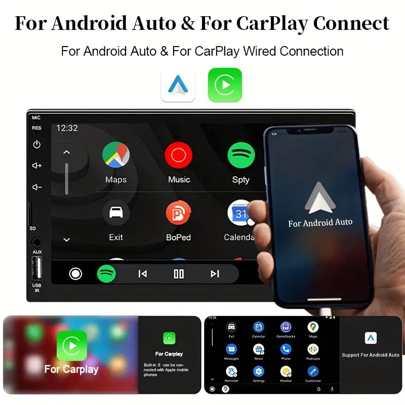1-DIN Auto Radio Multimedija – Podržava Žičani CarPlay i Android Auto, 17,78 cm HD Ekran na Dodir, MirrorLink, Navigacija i Muzika, Opcionalna Komanda na Volanu i Kamera za Rikverc
