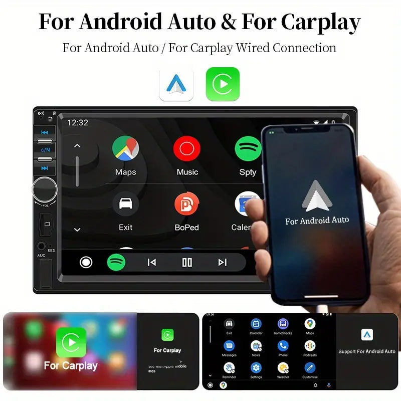Auto 2-DIN radio sa podrškom za CarPlay i AndroidAuto, HIPPCRON 17,78 cm HD dodirni ekran multimedijalni plejer, FM/Bežično/Aux/TF-kartica/USB/MirrorLink ulaz, fizičke tipke, opcionalna rikverc kamera i komande na volanu