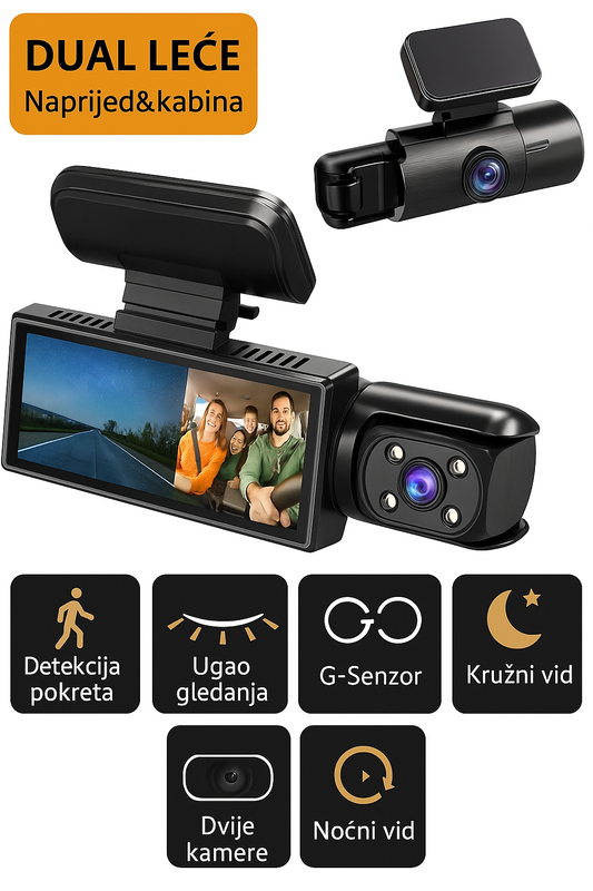 ZKCAMSPY Dualna Auto Kamera – 8,03 cm Ekran, Snimanje Naprijed i Unutra u 1080P HD Rezoluciji, Noćni Vid, G-senzor, Detekcija Pokreta, Ciklični Snimak, Široki Ugao, Ljepljivo Montiranje