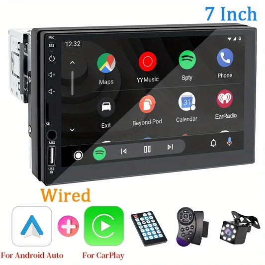 1-DIN Auto Radio Multimedija – Podržava Žičani CarPlay i Android Auto, 17,78 cm HD Ekran na Dodir, MirrorLink, Navigacija i Muzika, Opcionalna Komanda na Volanu i Kamera za Rikverc